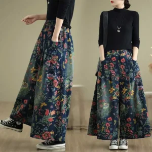 Jeansy damskie baggy plus size, z elastycznego denimu, z kwiatowym wzorem