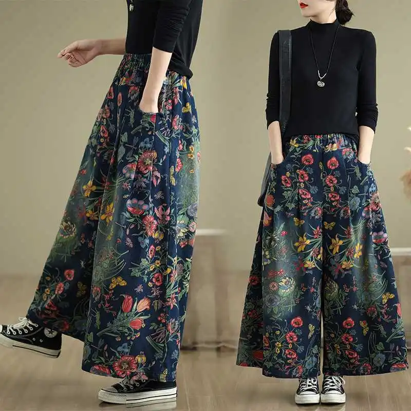 Jeansy damskie baggy plus size, z elastycznego denimu, z kwiatowym wzorem