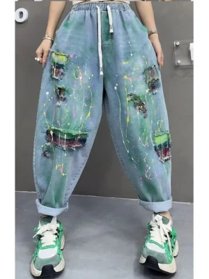 Jeansy damskie baggy z wysokim stanem, plus size, z przetarciami