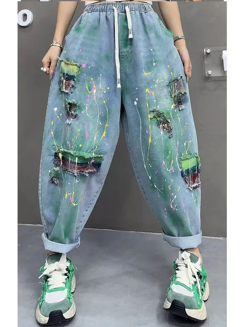 Jeansy damskie baggy z wysokim stanem, plus size, z przetarciami