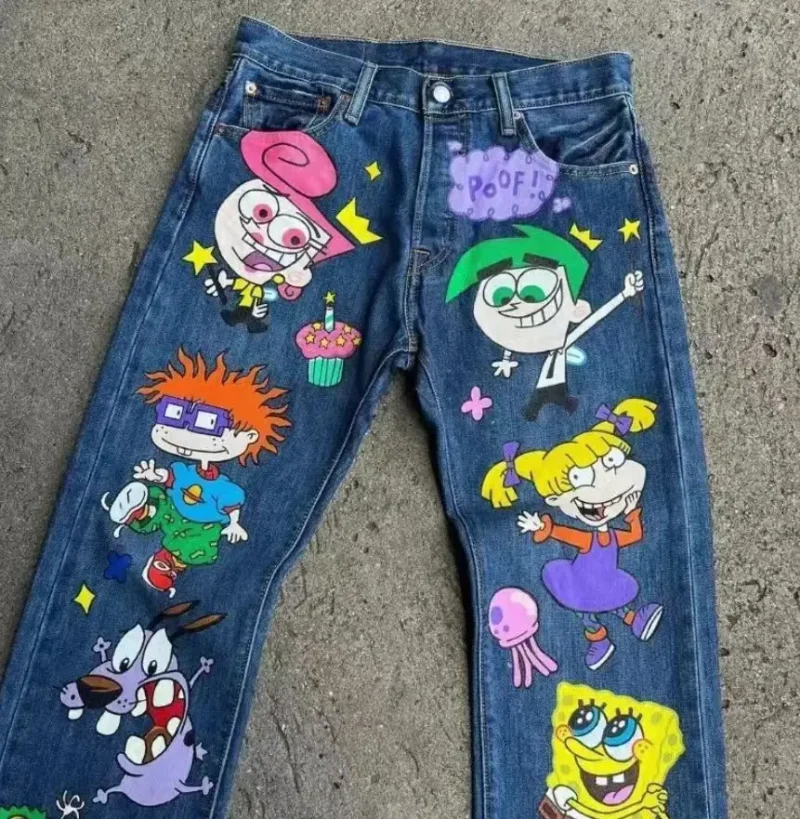 Jeansy damskie baggy z wysokim stanem, z nadrukiem, w stylu Y2K
