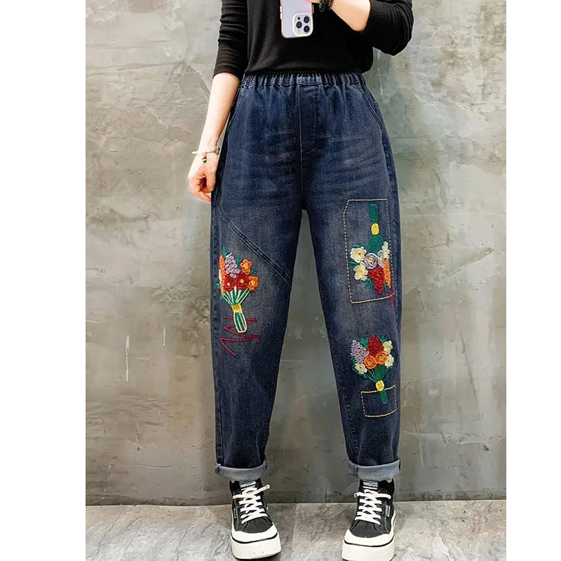 Jeansy damskie baggy z wysokim stanem, z haftem, w stylu retro