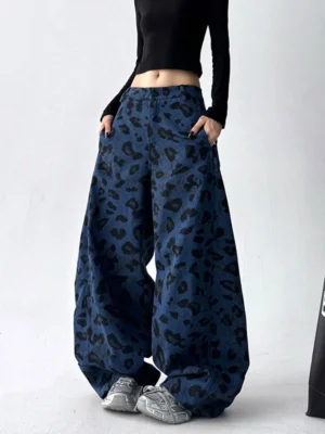 Niebieskie jeansy damskie baggy z wysokim stanem, w panterkę, w stylu Y2K