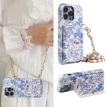 Etui na telefon z portfelem na karty, z paskiem, z lusterkiem, skórzane