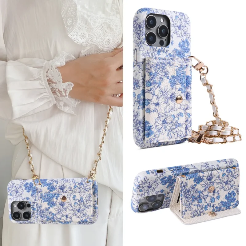 Etui na telefon z portfelem na karty, z paskiem, z lusterkiem, skórzane