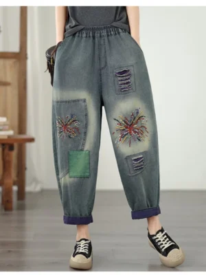 Jeansy damskie baggy z wysokim stanem, z elastycznego denimu, z nadrukiem
