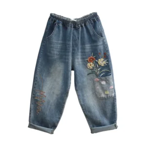 Jeansy damskie baggy z haftem, z kwiatowym wzorem, w stylu grunge