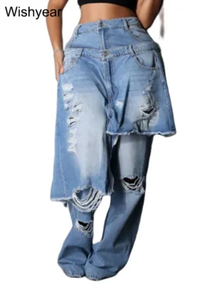 Niebieskie jeansy damskie wide leg z elastycznego denimu, z przetarciami