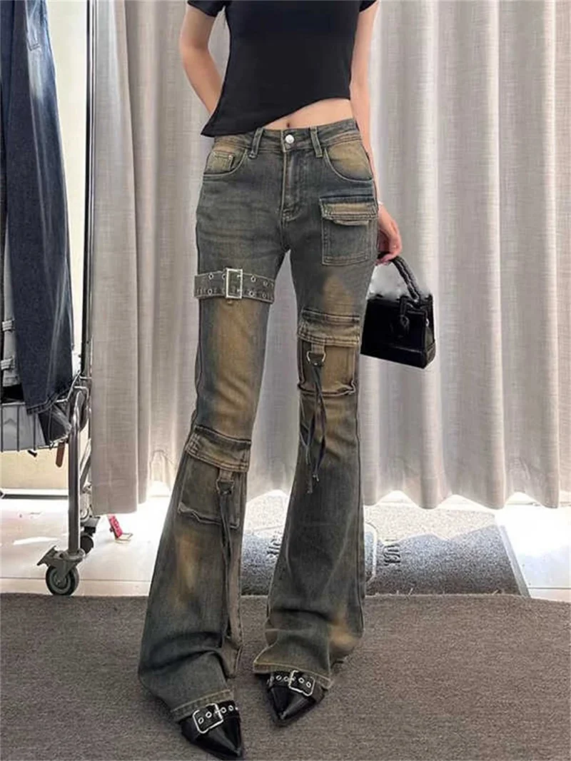 Jeansy damskie cargo z wysokim stanem, z elastycznego denimu, w stylu Y2K