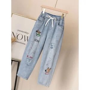 Jeansy damskie mom fit z wysokim stanem, plus size, z elastycznego denimu