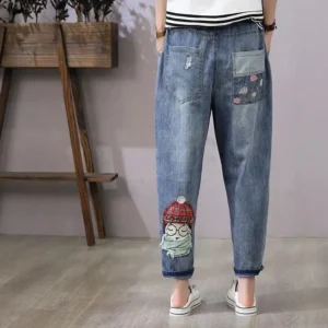 Jeansy damskie baggy z elastycznego denimu, z haftem, w stylu retro