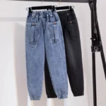 Jeansy damskie baggy z wysokim stanem, z elastycznego denimu