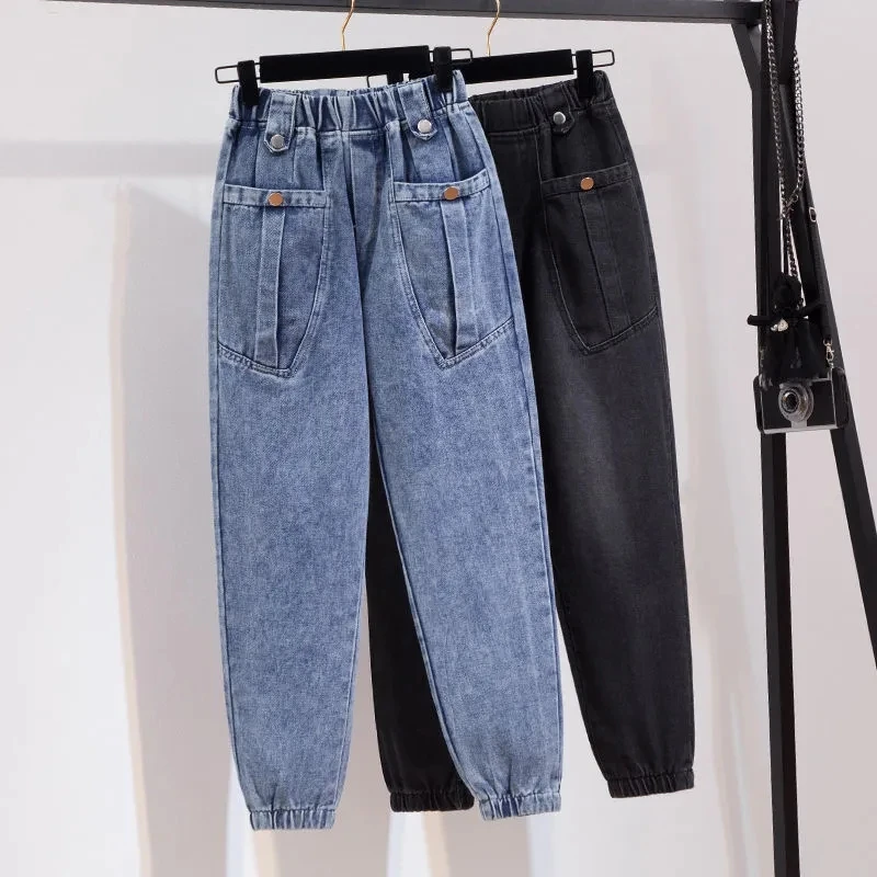 Jeansy damskie baggy z wysokim stanem, z elastycznego denimu