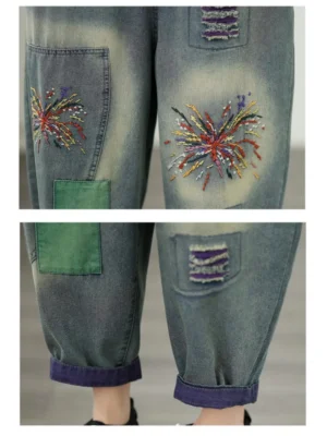 Jeansy damskie baggy z wysokim stanem, z elastycznego denimu, z nadrukiem
