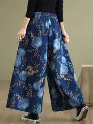 Jeansy damskie wide leg z wysokim stanem, z kwiatowym wzorem