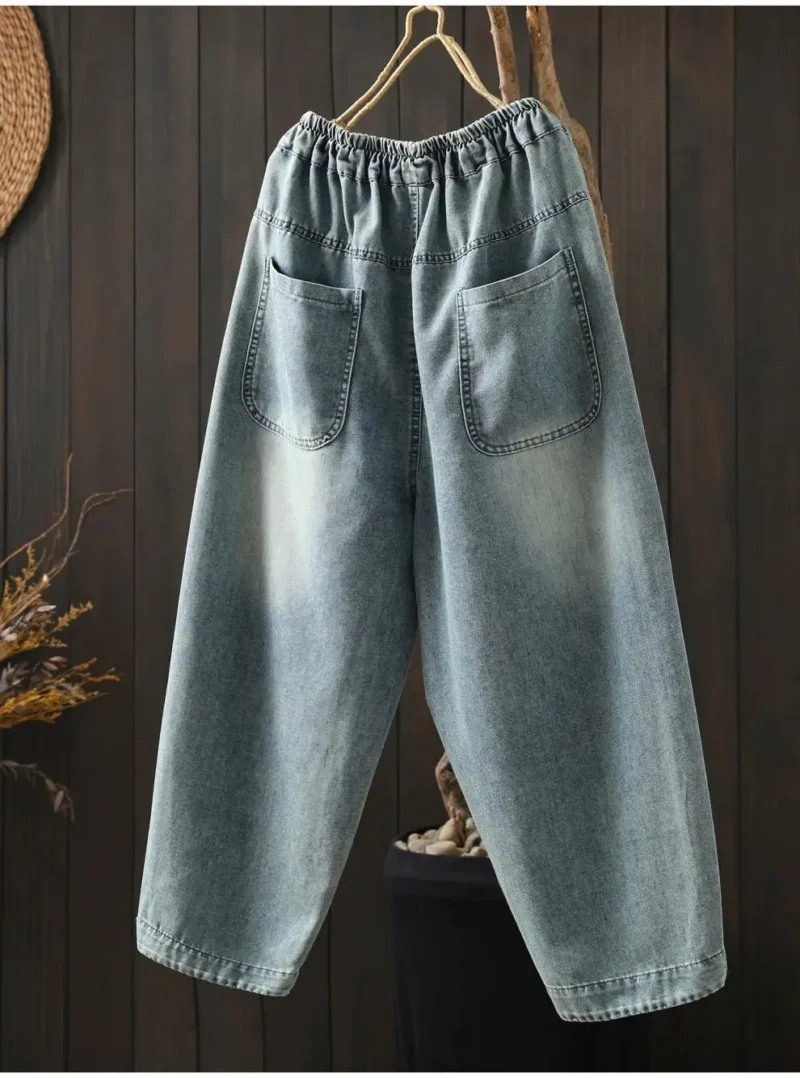 Jeansy damskie baggy z elastycznego denimu, z haftem, z kwiatowym wzorem