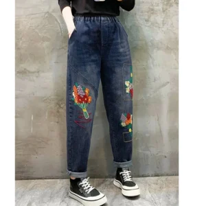 Jeansy damskie baggy z wysokim stanem, z haftem, w stylu retro