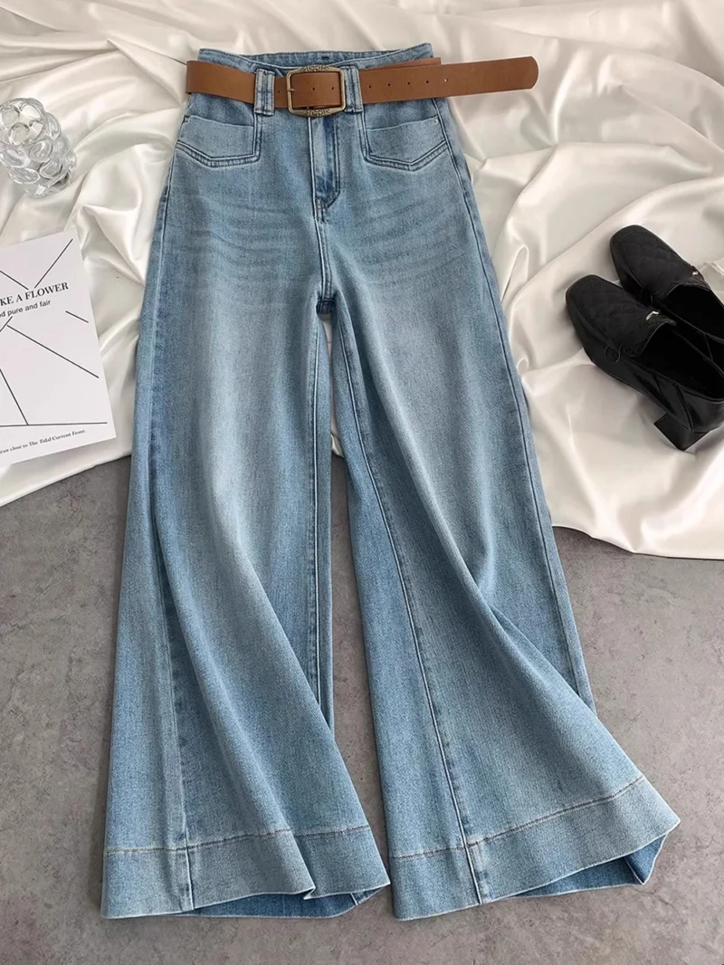Niebieskie jeansy damskie flare z wysokim stanem, w stylu retro