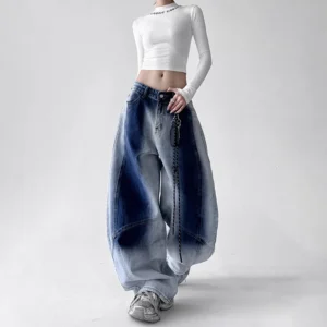 Niebieskie jeansy damskie baggy, w stylu Y2K