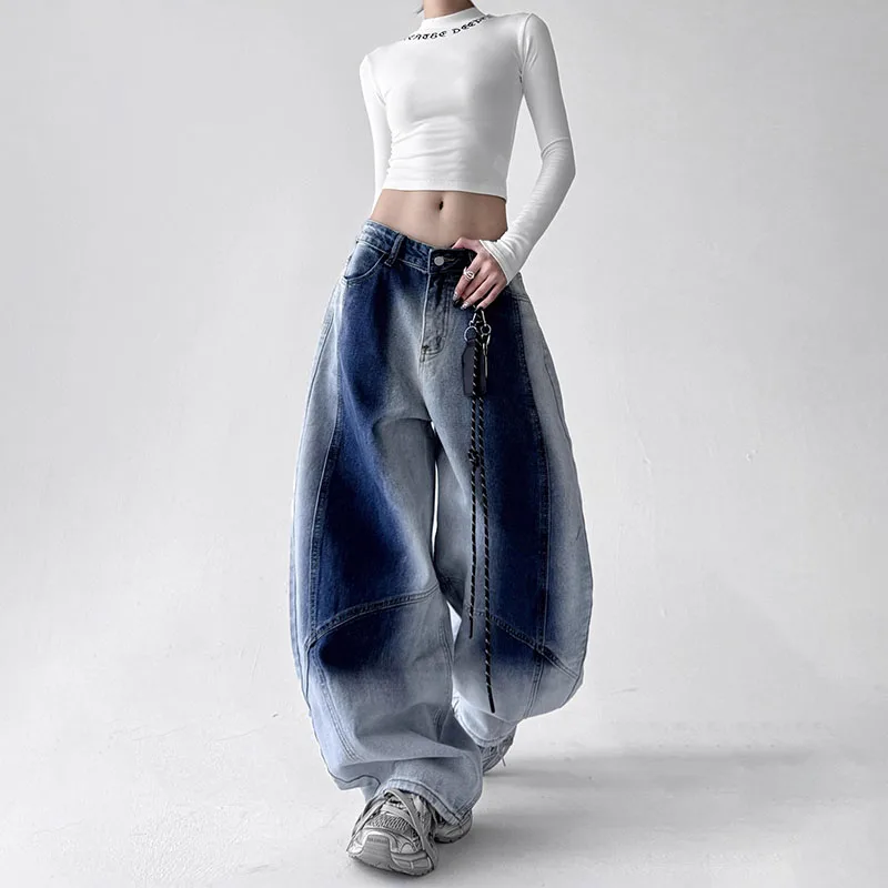 Niebieskie jeansy damskie baggy, w stylu Y2K