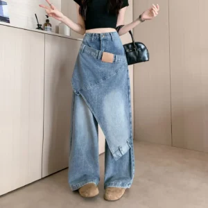 Niebieskie jeansy damskie wide leg, w stylu Y2K