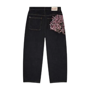 Niebieskie jeansy damskie baggy z haftem, z kwiatowym wzorem, w stylu Y2K