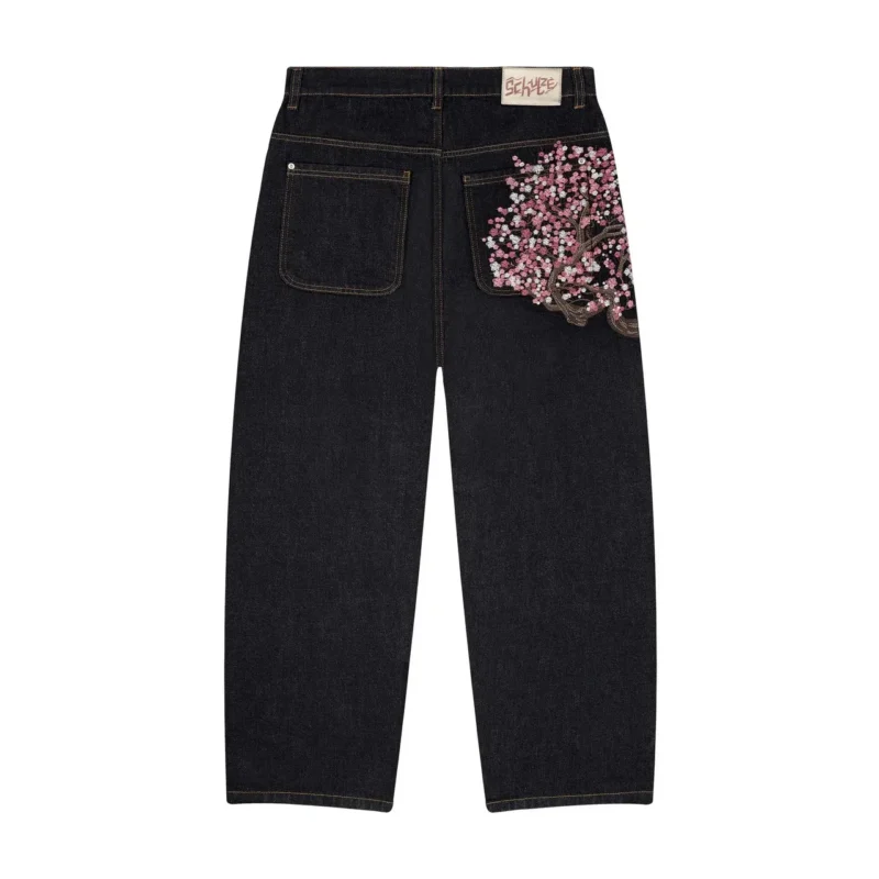 Niebieskie jeansy damskie baggy z haftem, z kwiatowym wzorem, w stylu Y2K