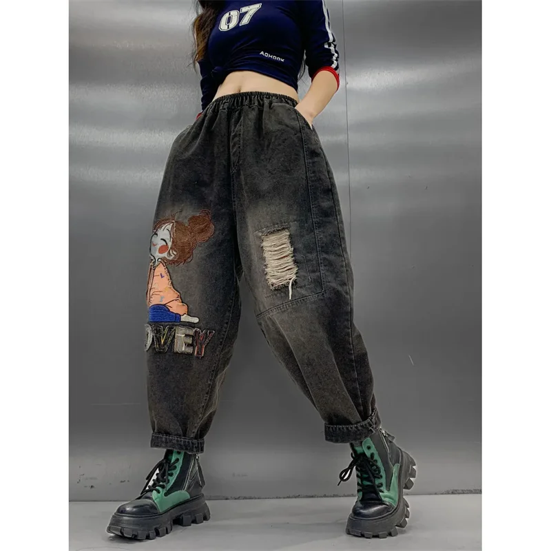 Jeansy damskie baggy z elastycznego denimu, z haftem, w stylu retro