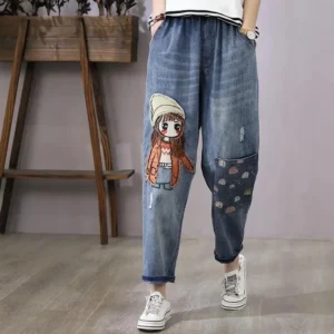 Jeansy damskie baggy z elastycznego denimu, z haftem, w stylu retro