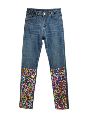 Jeansy damskie slim fit z kolorowym zdobieniem nogawek - ujęcie produktu