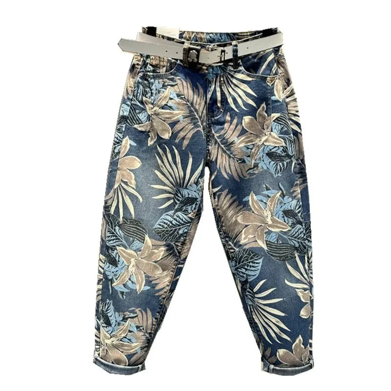 Jeansy damskie baggy z wysokim stanem, z nadrukiem, w stylu streetwear