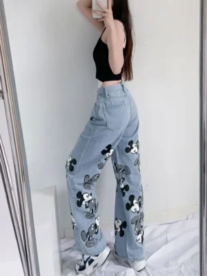 Jeansy damskie baggy z wysokim stanem, z nadrukiem
