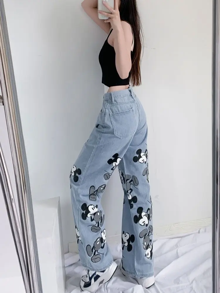 Jeansy damskie baggy z wysokim stanem, z nadrukiem