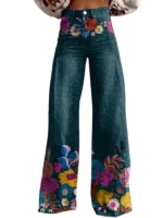 Niebieskie jeansy damskie wide leg z nadrukiem