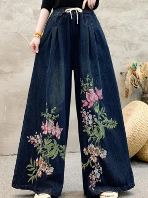 Jeansy damskie baggy z haftem, z kwiatowym wzorem, w stylu retro
