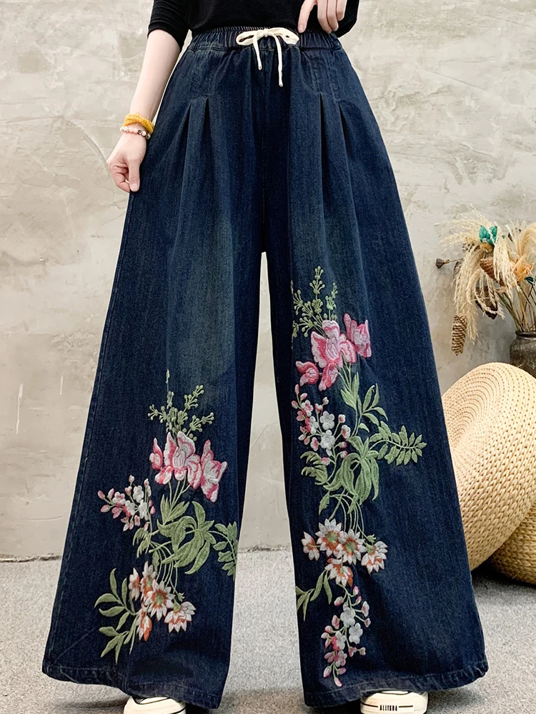 Jeansy damskie baggy z haftem, z kwiatowym wzorem, w stylu retro