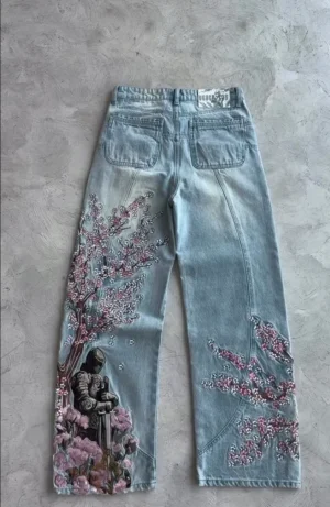 Niebieskie jeansy damskie baggy z haftem, z kwiatowym wzorem, w stylu Y2K