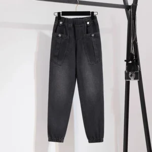 Jeansy damskie baggy z wysokim stanem, z elastycznego denimu