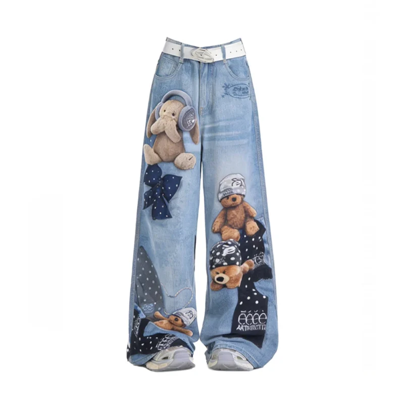 Niebieskie jeansy damskie baggy z nadrukiem graffiti, w stylu Y2K