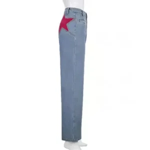 Jeansy damskie straight leg z wysokim stanem, z motywem gwiazd