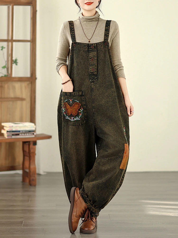 Jeansy damskie baggy plus size, z haftem, w stylu retro