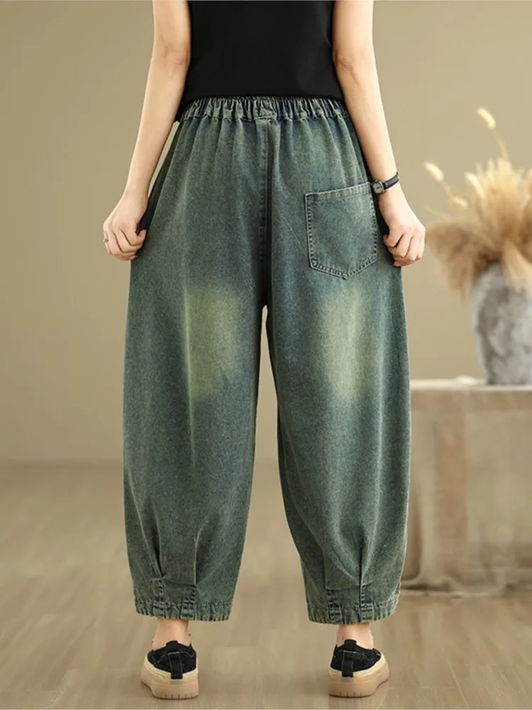Jeansy damskie baggy z wysokim stanem, z nadrukiem, w stylu retro
