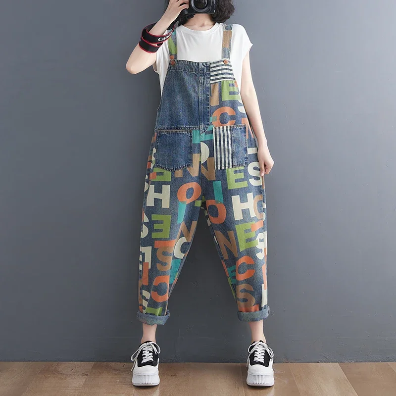 Jeansy damskie baggy z kieszeniami, z nadrukiem, w stylu retro