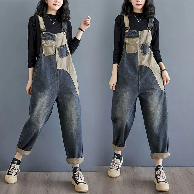 Jeansy damskie baggy patchworkowe, w stylu retro