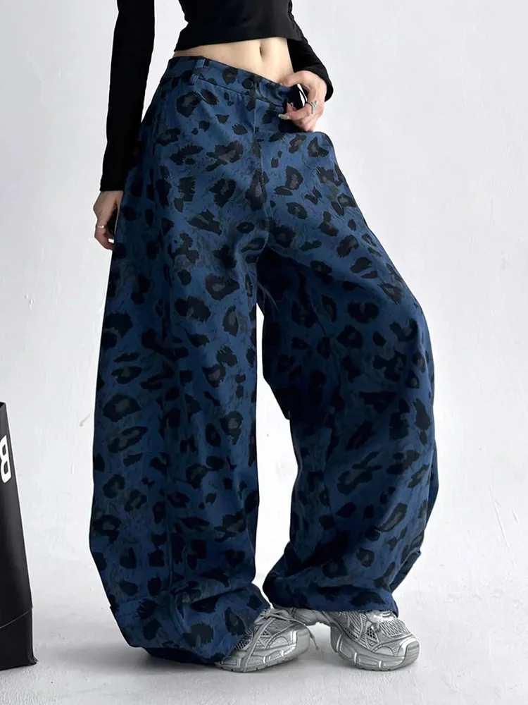 Niebieskie jeansy damskie baggy z wysokim stanem, w panterkę, w stylu Y2K