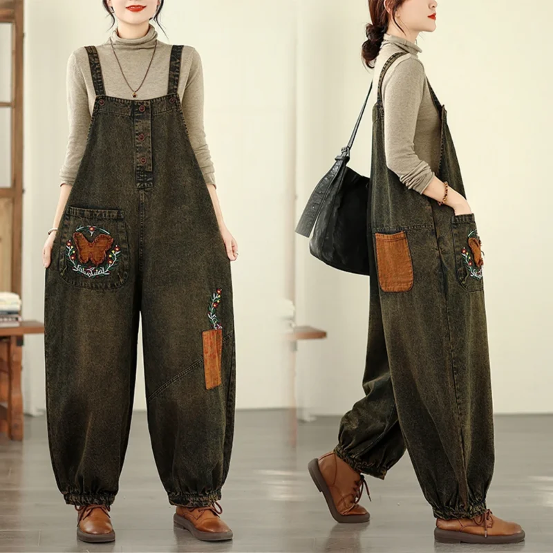 Jeansy damskie baggy plus size, z haftem, w stylu retro
