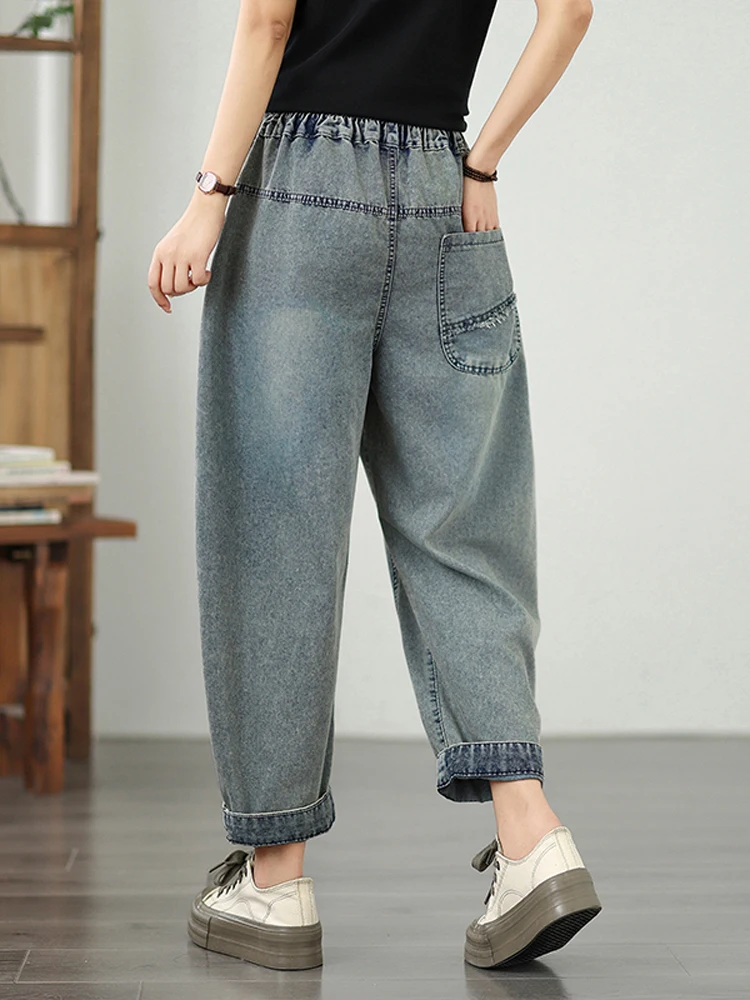 Jeansy damskie baggy plus size, z elastycznego denimu, z nadrukiem