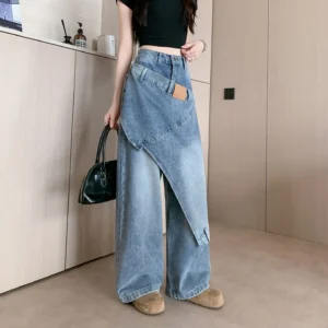 Niebieskie jeansy damskie wide leg, w stylu Y2K