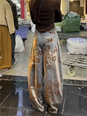 Jeansy damskie baggy z wysokim stanem, z haftem, z kwiatowym wzorem