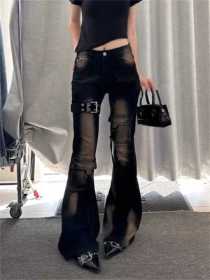 Jeansy damskie cargo z wysokim stanem, z elastycznego denimu, w stylu Y2K